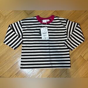 Zara Black & White Striped Long Sleeve Tee with Pink Neckline NWT